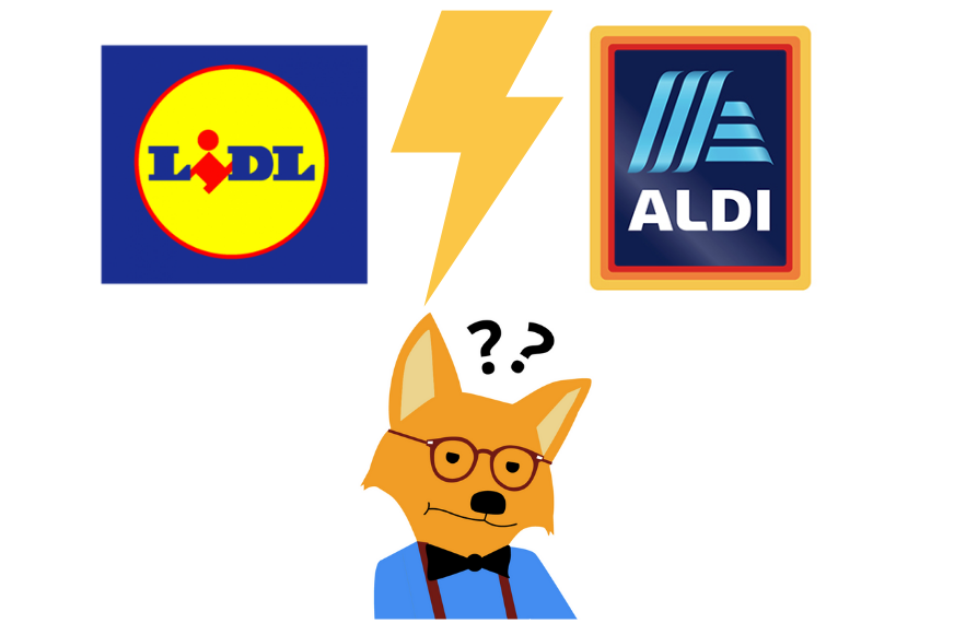 Der “Smart-Home-Fox” hat Fragezeichen über dem Kopf und steht zwischen den Discountern Aldi und Lidl